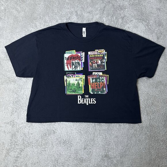 The Beatles Womens‎ XL Crop Top Graphic Tee Let It Be Record Art Black Casual - Picture 9 of 10